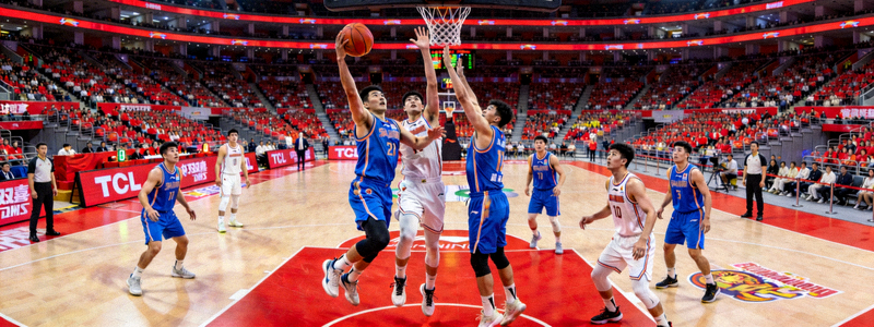 CBA赛场全景，球员正在进行激烈攻防